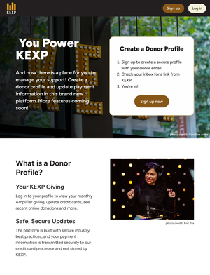 Landing Page for the KEXP Donor Portal showing how to log in and a basic overview
